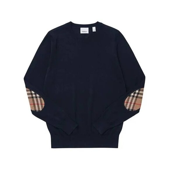 Burberry Women’s Bempton Wool Elbow Check Patches Crewneck Pullover Jumper Navy - Picture 1 of 9
